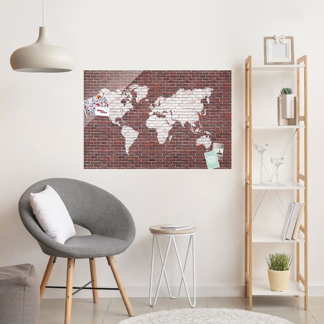 Magnettafel Glas Brick World Map