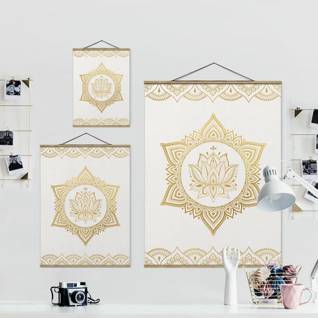 Stoffen schilderij met posterlijst Mandala Lotus Illustration Ornament White Gold