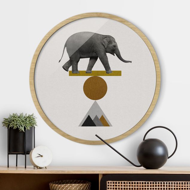 Runde gerahmte Bilder Art Of Balance Elephant