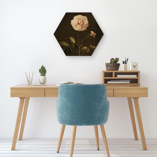 Hexagons houten schilderijen - Barbara Regina Dietzsch - French Rose with Bumblebee