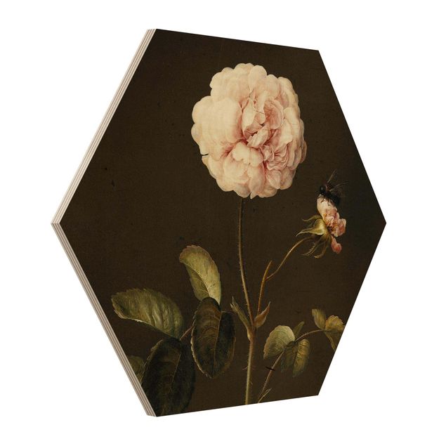 Hexagons houten schilderijen - Barbara Regina Dietzsch - French Rose with Bumblebee