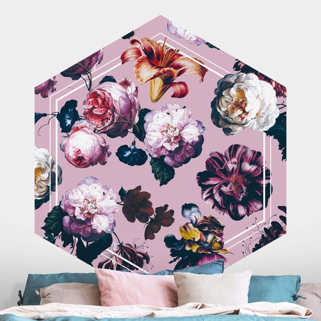 Hexagon Behang Baroque Flowers With White Geometry In Pink
