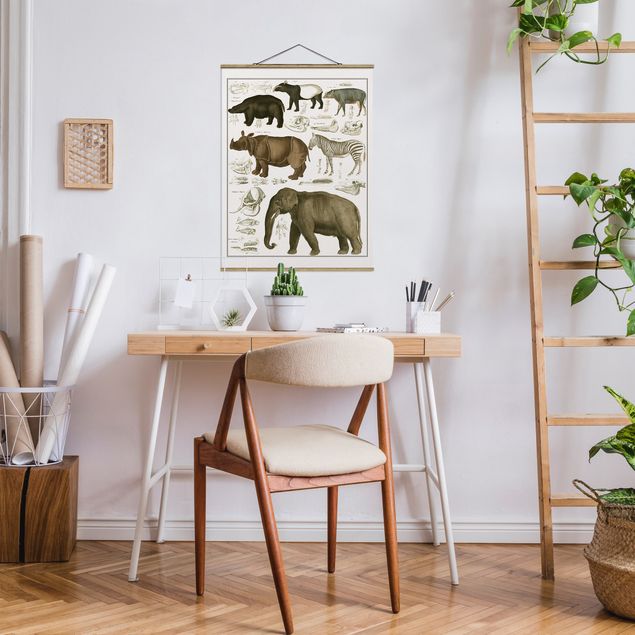 Stoffen schilderij met posterlijst Vintage Board Elephant, Zebra And Rhino