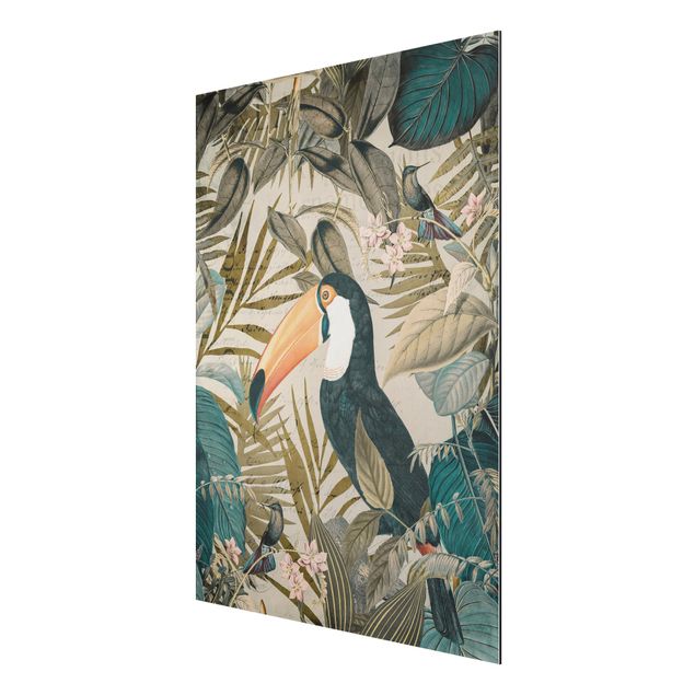 Aluminium Dibond schilderijen Vintage Collage - Toucan In The Jungle