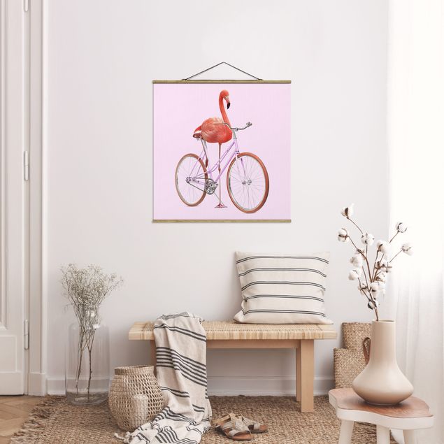 Stoffen schilderij met posterlijst Flamingo With Bicycle