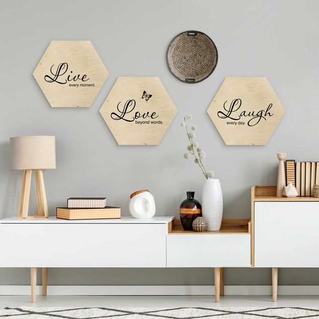 Hexagons houten schilderijen - 3-delig Live Laugh Love
