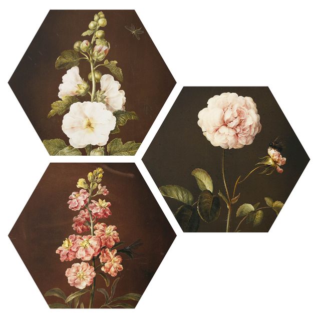 Hexagons Aluminium Dibond schilderijen - 3-delig Barbara Regina Dietzsch - Roses And Levkkoje