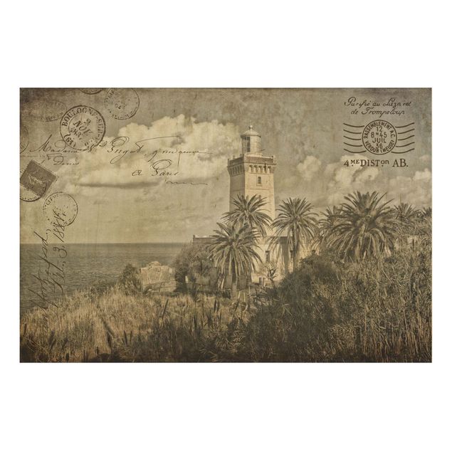 Houten schilderijen Vintage Postcard With Lighthouse And Palm Trees