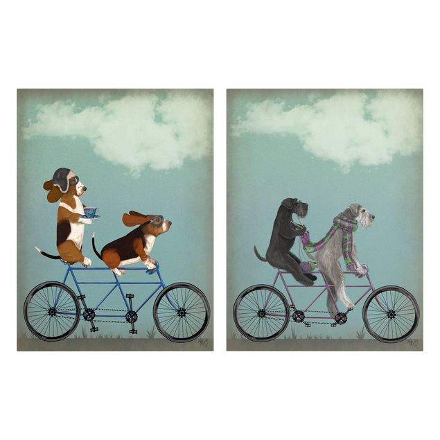 Canvas schilderijen - 2-delig  Cycling - Bassets And Schnauzer Tandem Set II