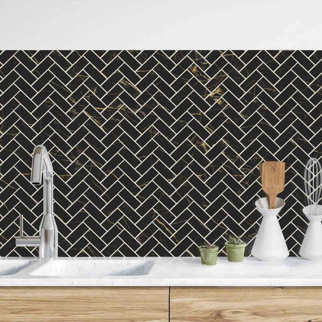Achterwand voor keuken tegelmotief Marble Fish Bone Tiles - Black And Golden