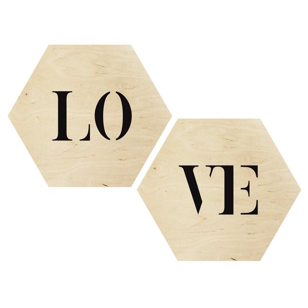 Hexagons houten schilderijen - 2-delig Letters LOVE Black Set I