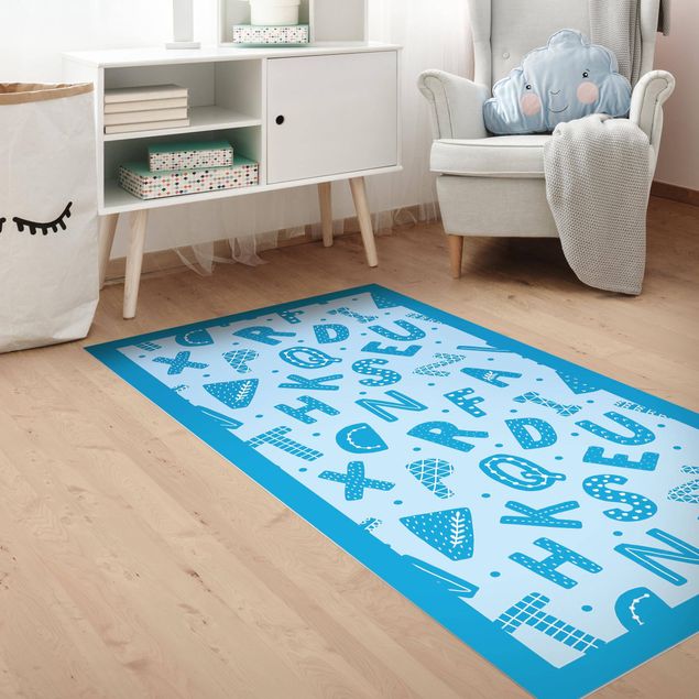 moderne vloerkleden Alphabet With Hearts And Dots In Blue With Frame