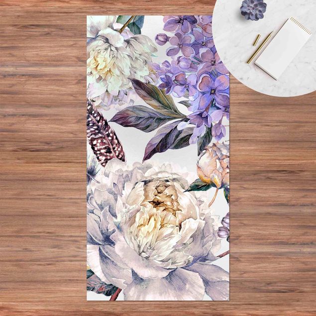 Loper tapijt Delicate Watercolour Boho Flowers And Feathers Pattern
