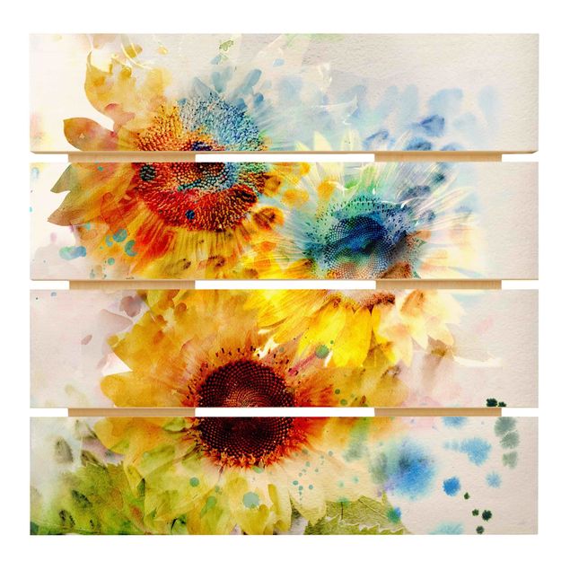 Houten schilderijen op plank Watercolour Flowers Sunflowers