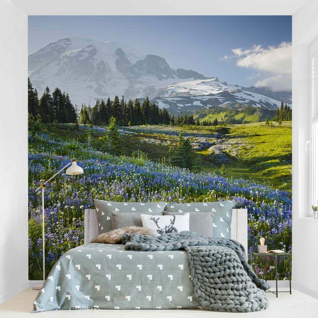 Fotobehang - Mountain Meadow With Blue Flowers in Front of Mt. Rainier