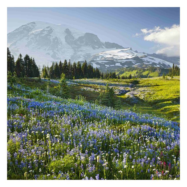 Fotobehang - Mountain Meadow With Blue Flowers in Front of Mt. Rainier