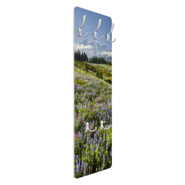 Wandkapstokken houten paneel - Mountain Meadow With Red Flowers in Front of Mt. Rainier