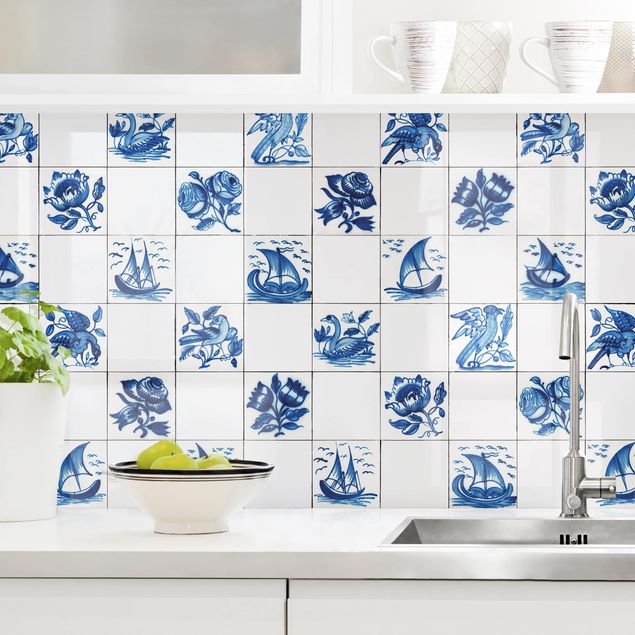 Achterwand voor keuken patroon Hand Painted Tiles With Flowers, Ships And Birds