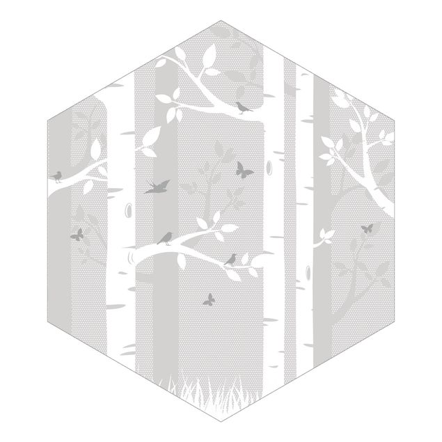 Hexagon Behang Birch Forest With Butterflies And Birds