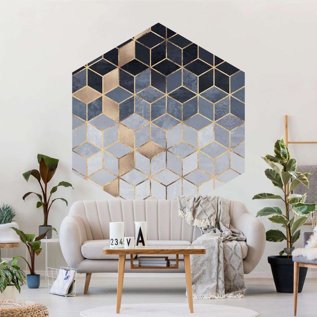 Hexagon Behang Blue White Golden Geometry