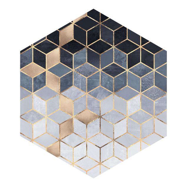 Hexagon Behang Blue White Golden Geometry