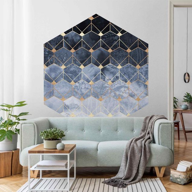 Hexagon Behang Blue Geometry Golden Art Deco