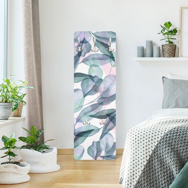 Wandkapstokken houten paneel Blue And Pink Eucalyptus Leaves Watercolour
