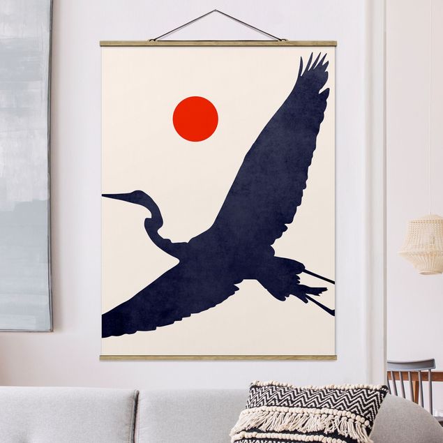 Stoffen schilderij met posterlijst Blue Crane In Front Of Red Sun