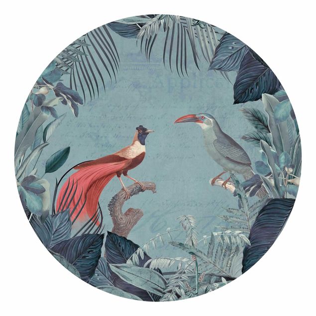 Behangcirkel Blue Grey Paradise With Tropical Birds
