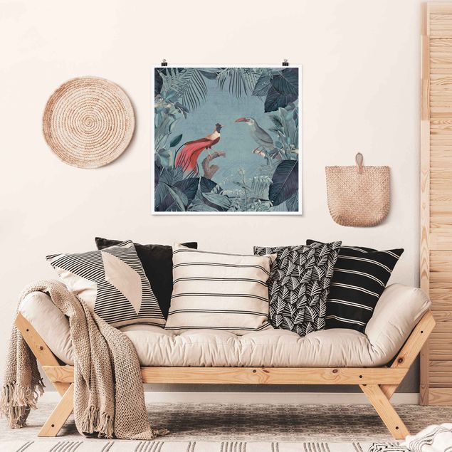 Posters Blue Gray Paradise With Tropical Birds