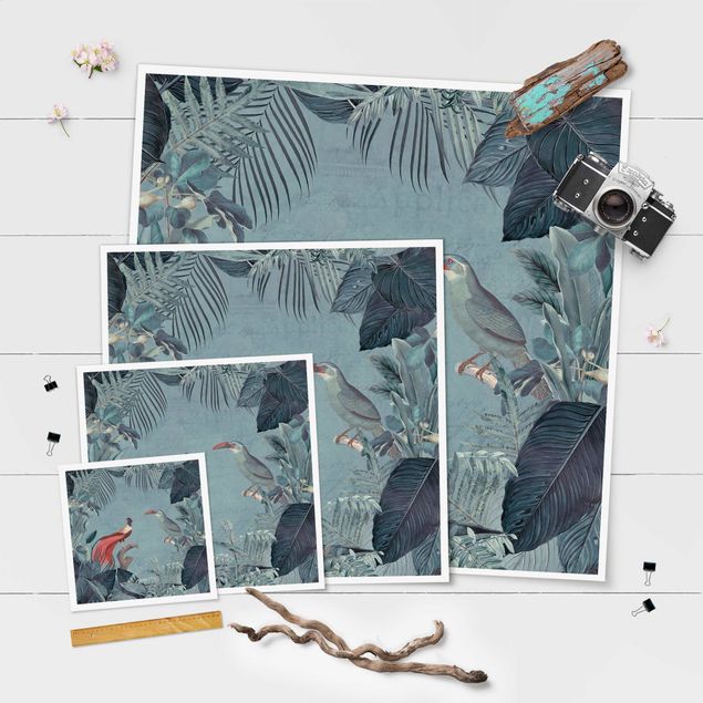 Posters Blue Gray Paradise With Tropical Birds