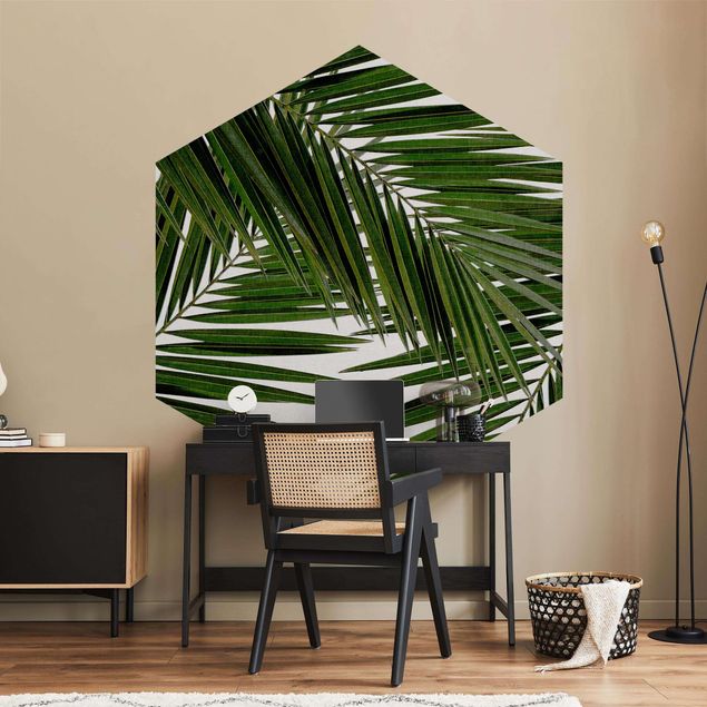 Hexagon Behang View Through Green Palm Leaves