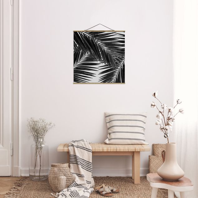 Stoffen schilderij met posterlijst View Through Palm Leaves Black And White