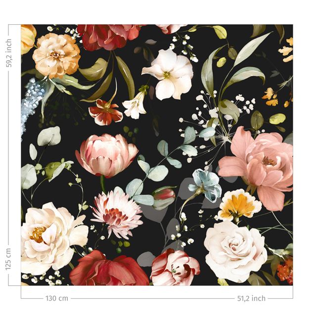 bloem gordijnen Flowers Watercolour Vintage Pattern on Black