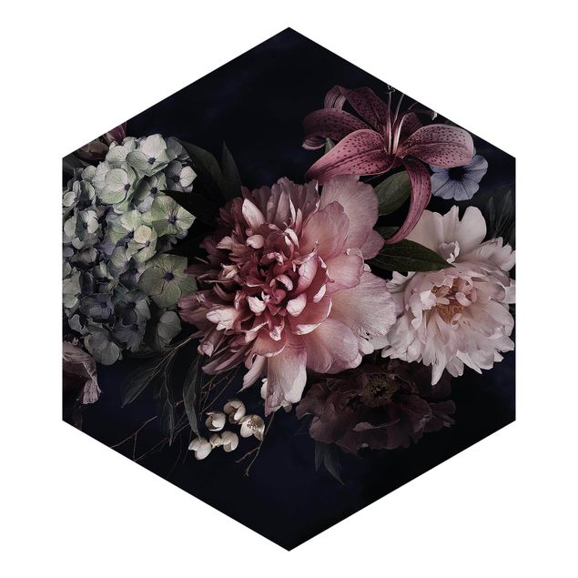 Hexagon Behang Flowers With Fog On Black