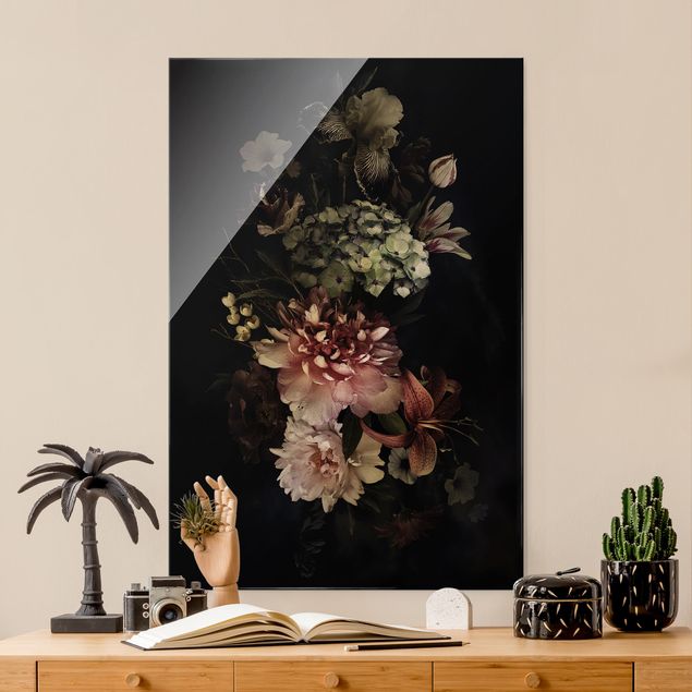 Glasschilderijen Flowers With Fog On Black
