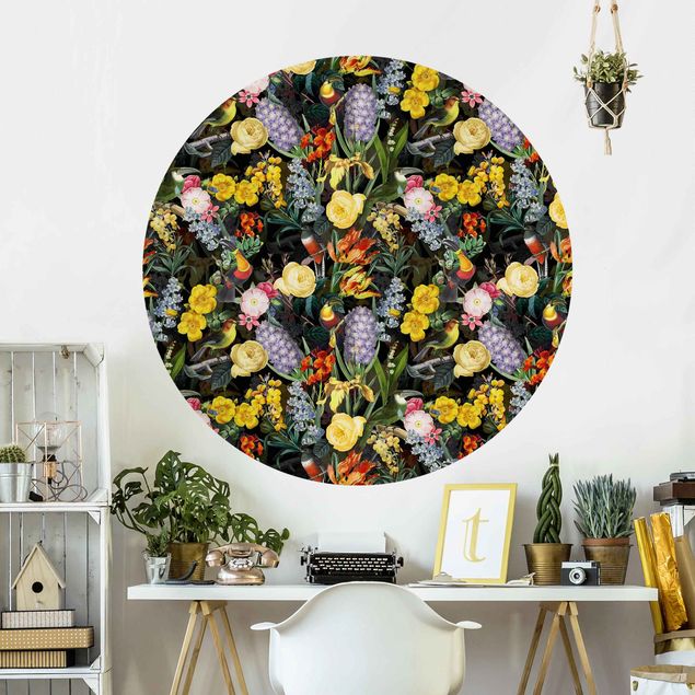 Behangcirkel Flowers With Colourful Tropical Birds