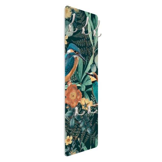 Wandkapstokken houten paneel Floral Paradise Kingfisher And Hummingbird