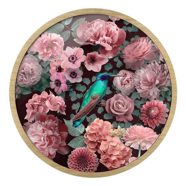 Rond schilderijen Paradiso floreale con colibrì e rose
