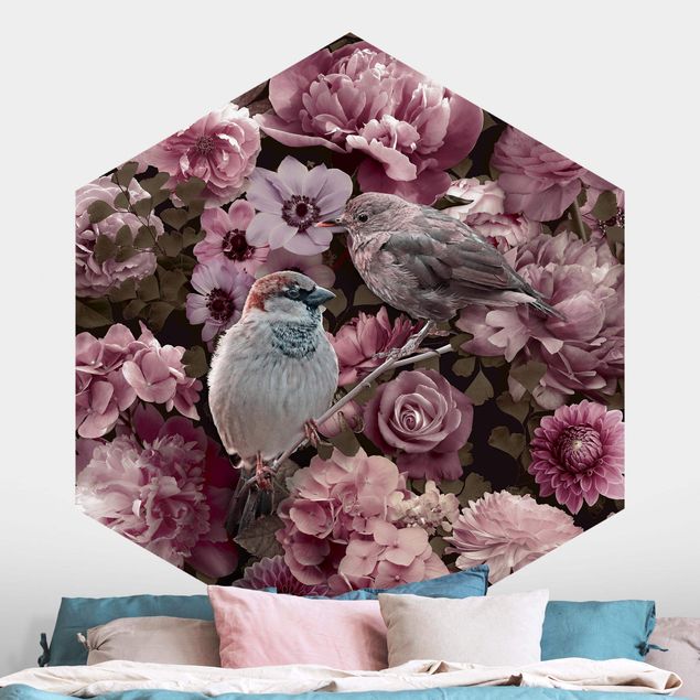 Hexagon Behang Floral Paradise Sparrow In Antique Pink
