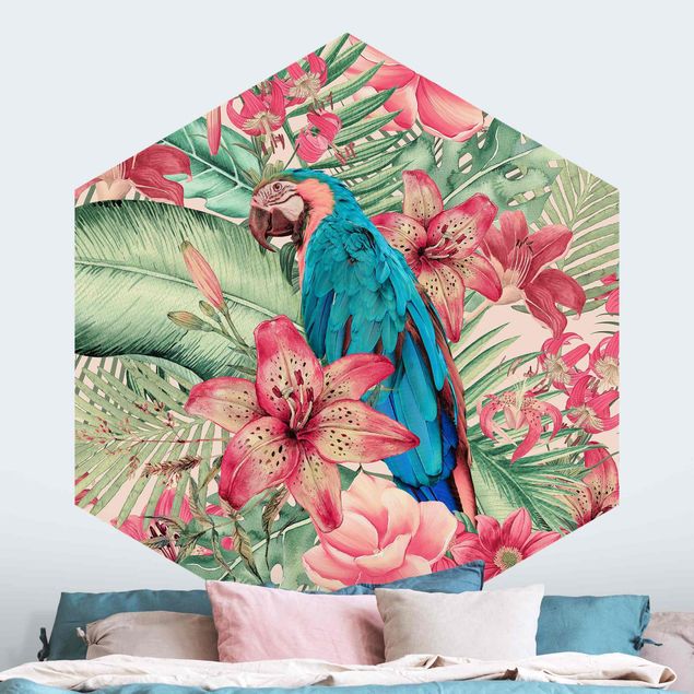 Hexagon Behang Floral Paradise Tropical Parrot