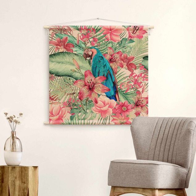 wandtapijt kunst Floral Paradise Tropical Parrot