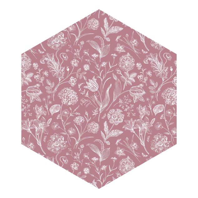 Hexagon Behang Flower Dance On Antique Pink