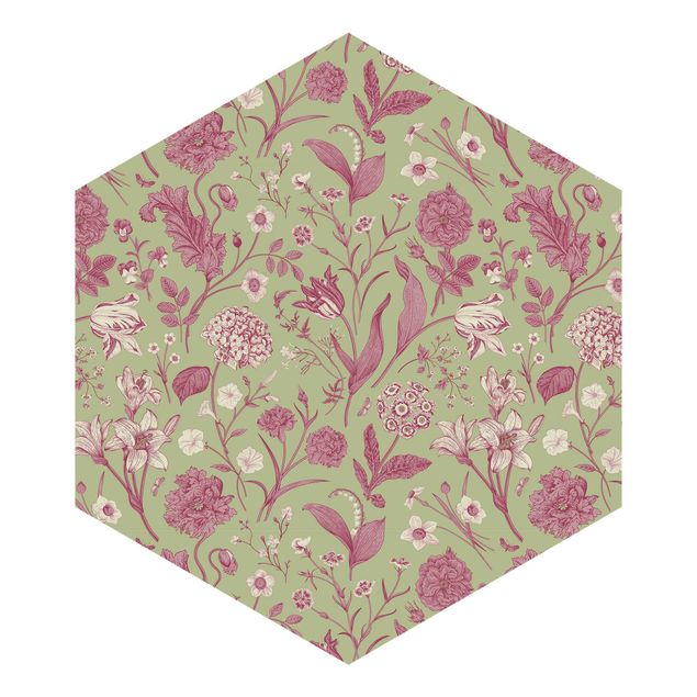 Hexagon Behang Flower Dance In Mint Green And Pink Pastel