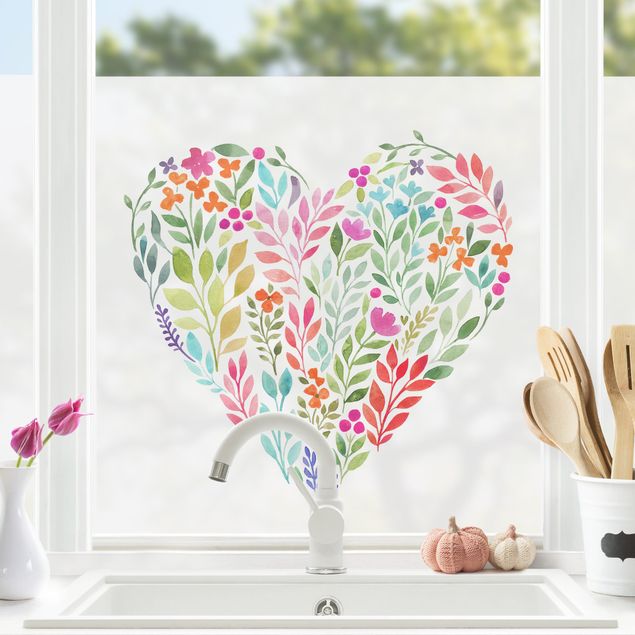 Raamfolie - Flowery Watercolour Heart-Shaped