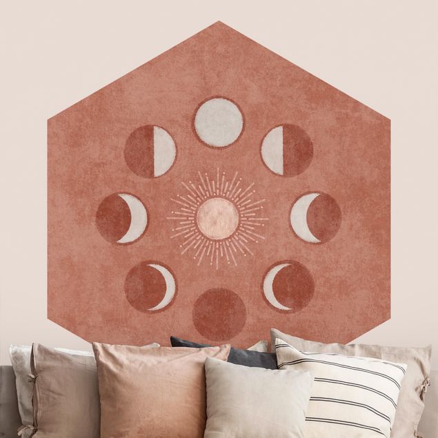 Hexagon Behang - Boho Phases Of the Moon With Sun