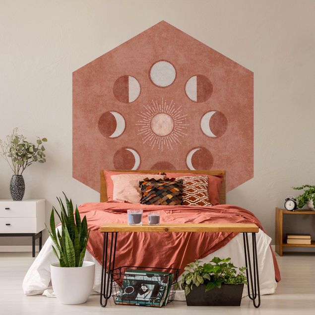 Hexagon Behang - Boho Phases Of the Moon With Sun