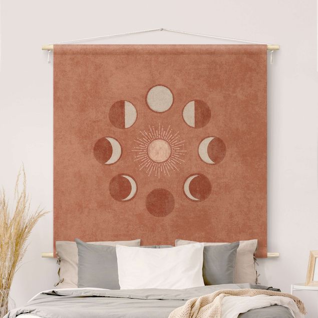Wandtapijt modern Boho Phases Of the Moon With Sun