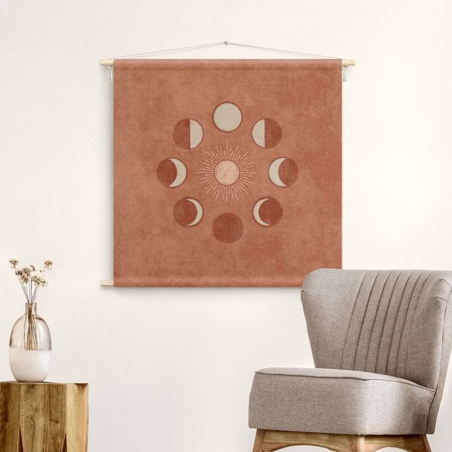 Mandala wandkleed Boho Phases Of the Moon With Sun