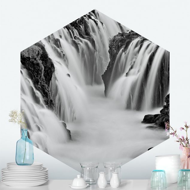 Hexagon Behang Brúarfoss Waterfall In Iceland Black And White